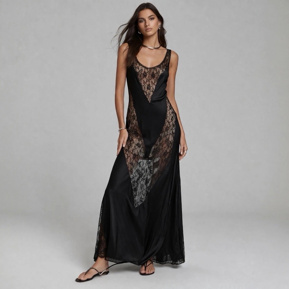 Vintage Petra Black Lace Slip Dress Black Maxi Whimsigoth Witchy Nightgown L